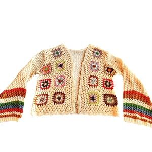 Boho Granny Square Crochet Cardigan Rainbow Bell Sleeve Cream Open Knit Large